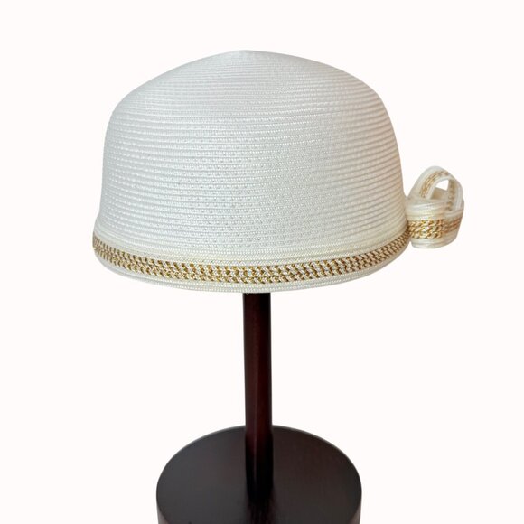 White Pillbox Hat Gold Trim Bow VTG August Accessories Church Derby Fascinator main image 15